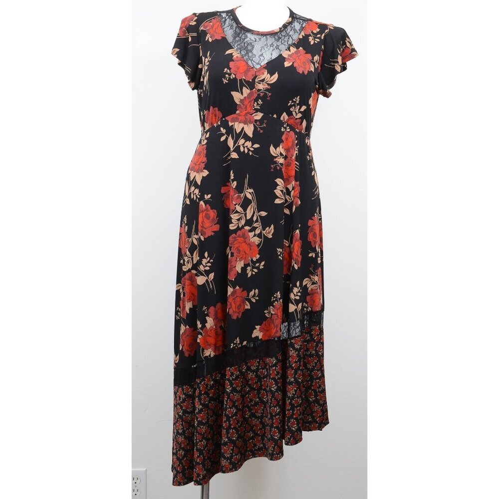 Torrid Midi Studio Knit Asymmetrical Black Flowers Dress Plus Size 1 (1X) - Picture 6 of 8
